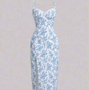 White Blue midi floral high slit summer dress.